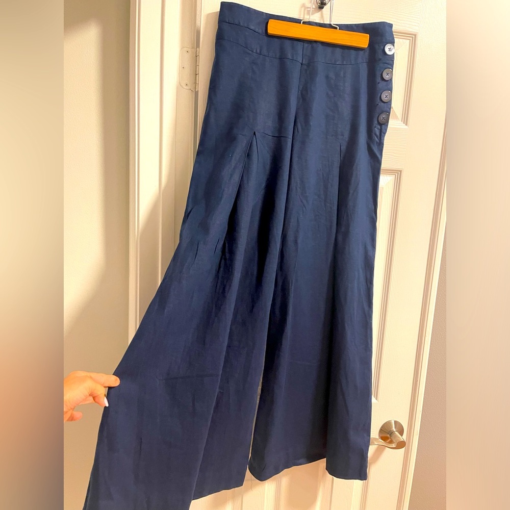 Anthropologie Elevenses High waisted Wide leg linen Pants in dark blue size 6 - Picture 2 of 11